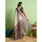 Generic Women's Silk Blend Printed Saree With Unstitched Blouse 5.5Mtr (Off White)