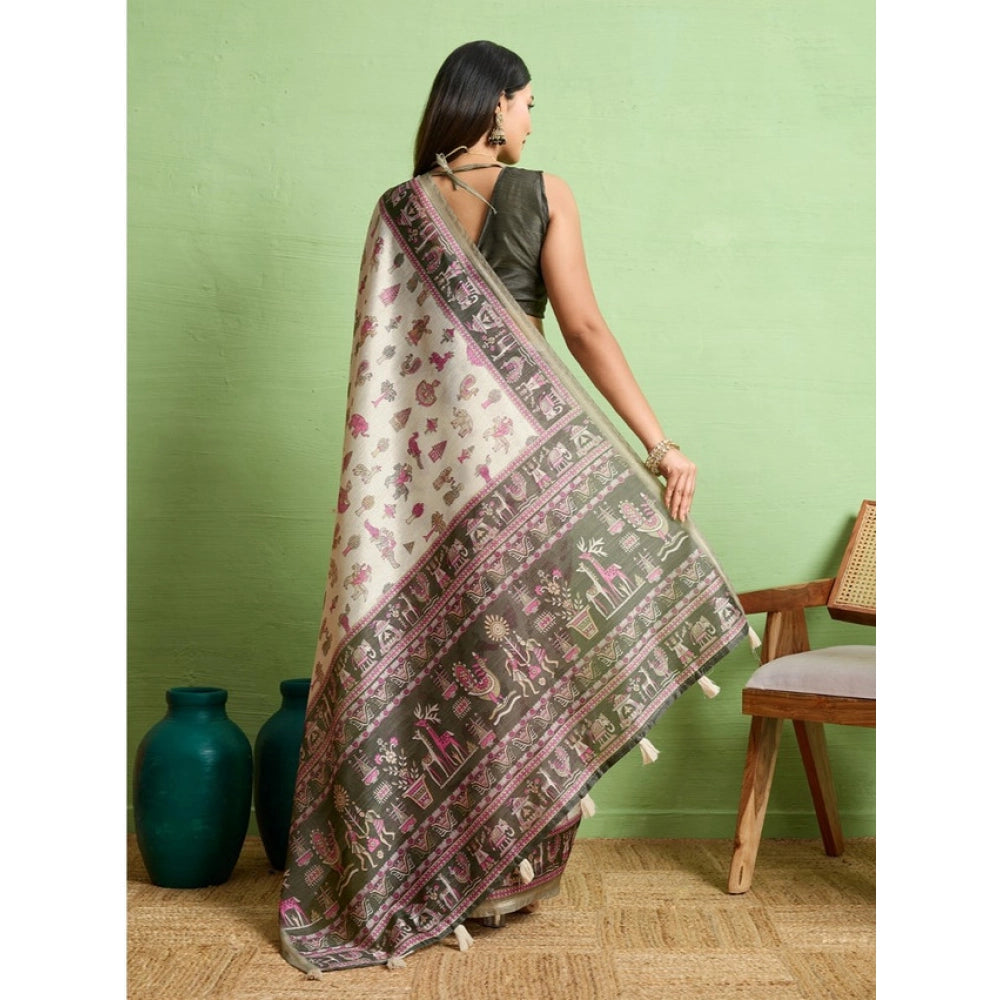 Generic Women's Silk Blend Printed Saree With Unstitched Blouse 5.5Mtr (Off White)