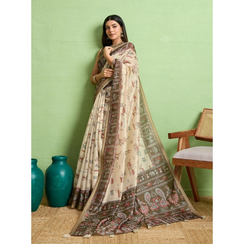 Generic Women's Silk Blend Printed Saree With Unstitched Blouse 5.5Mtr (Cream)