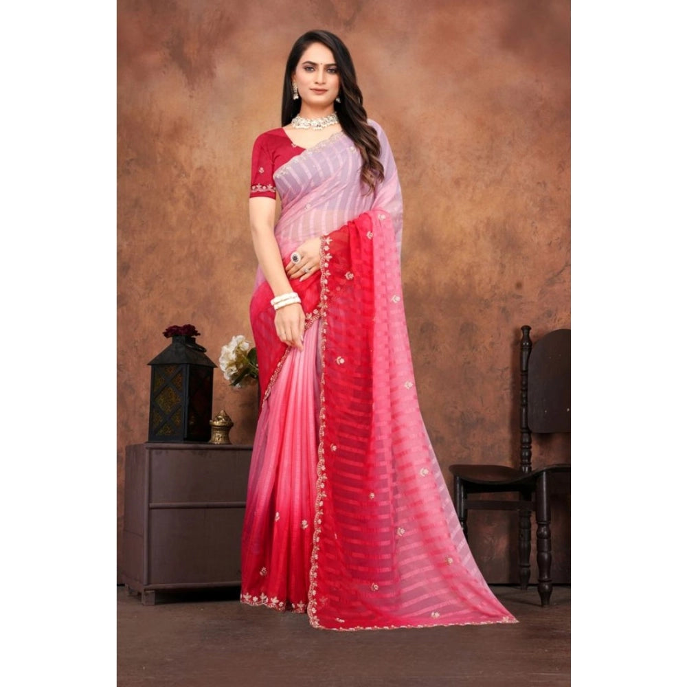 Generic Women's Chiffon Embroidred Saree With Unstitched Blouse 5.5Mtr (Pink)