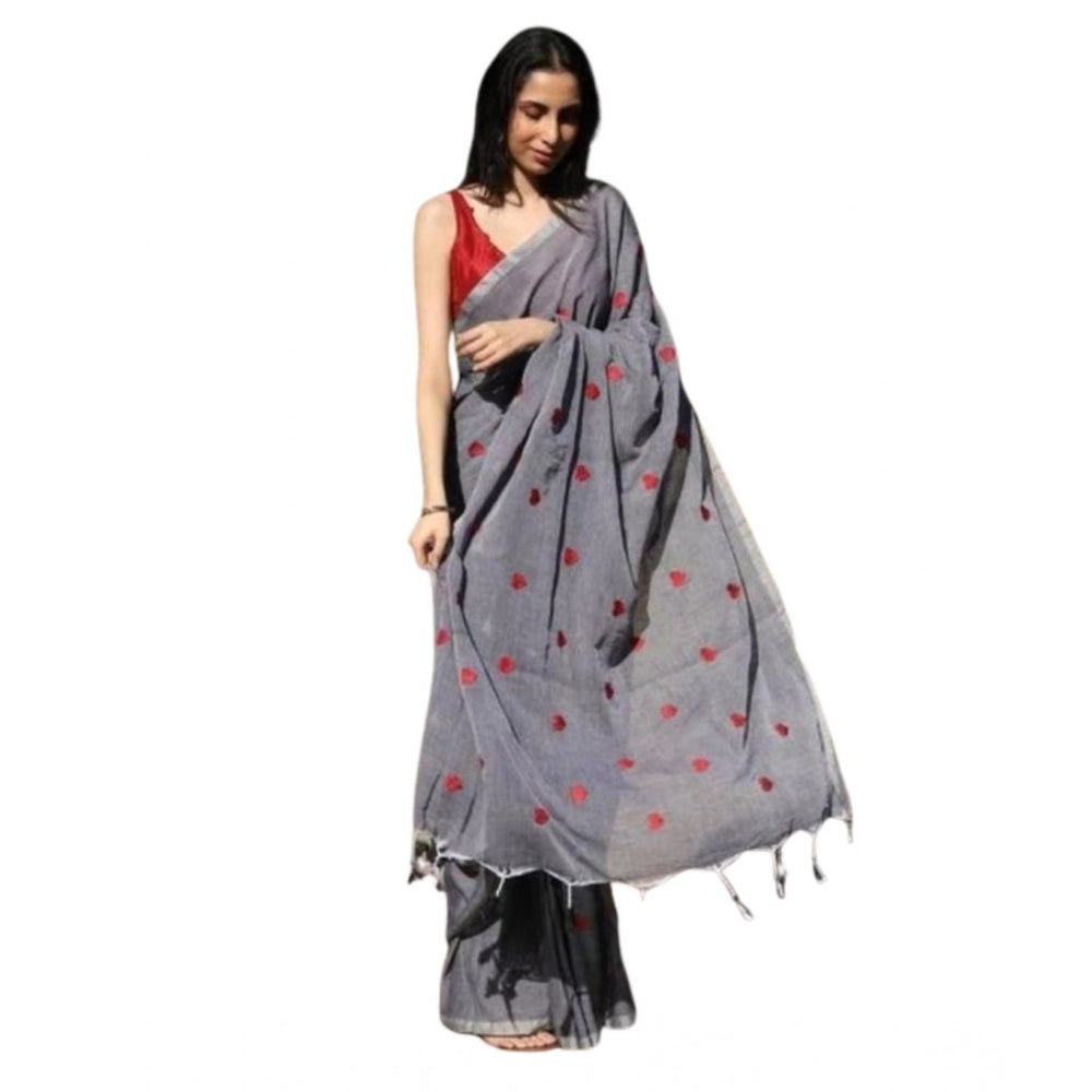 Generic Women's Linen Printed Saree With Unstitched Blouse 5.5Mtr (Grey)
