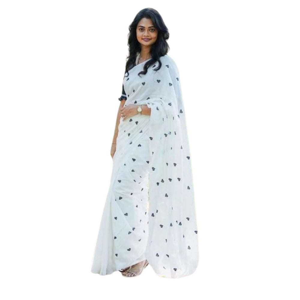 Generic Women's Linen Printed Saree With Unstitched Blouse 5.5Mtr (White)