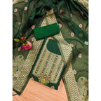 Generic Women's Banarasi Silk Printed Unstitched Salwar Suit Material With Dupatta (Bottle Green, 3Mtrs)