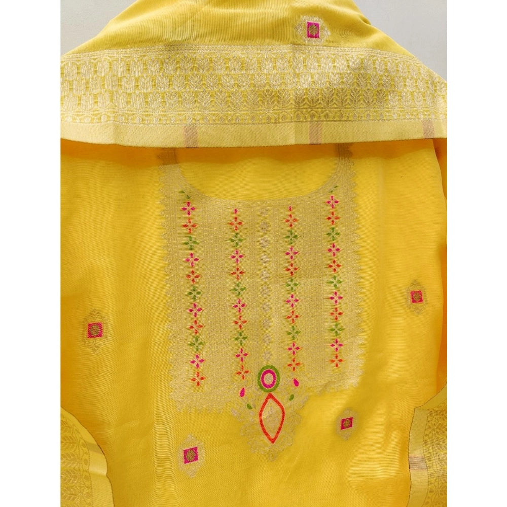Generic Women's Banarasi Silk Printed Unstitched Salwar Suit Material With Dupatta (Yellow, 3Mtrs)