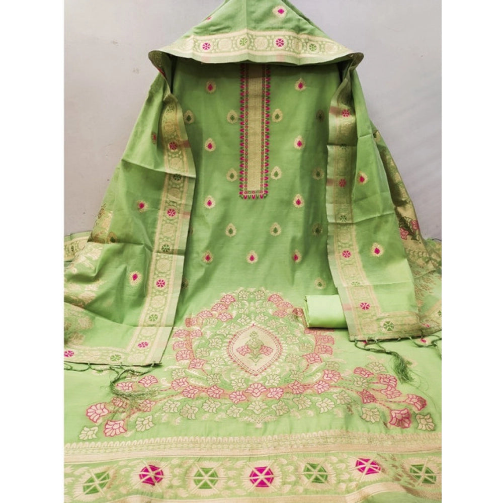 Generic Women's Banarasi Silk Printed Unstitched Salwar Suit Material With Dupatta (Pista, 3Mtrs)