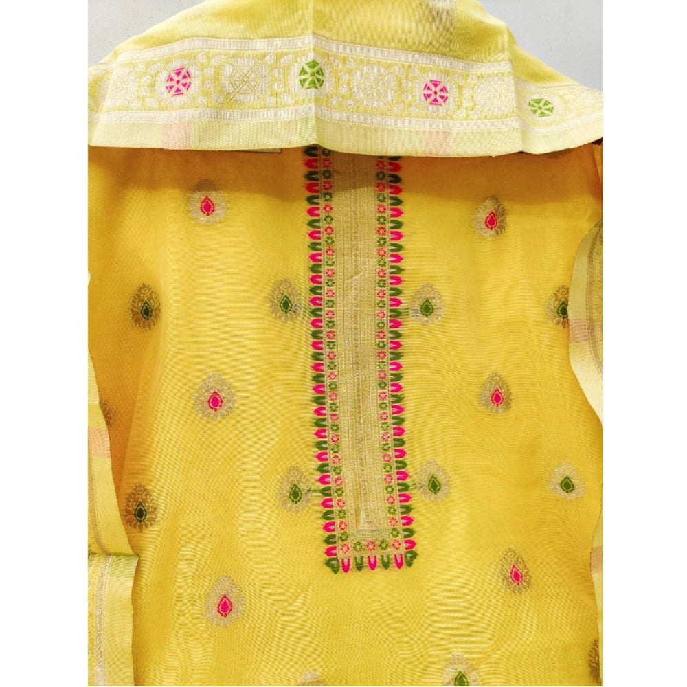Generic Women's Banarasi Silk Printed Unstitched Salwar Suit Material With Dupatta (Yellow, 3Mtrs)