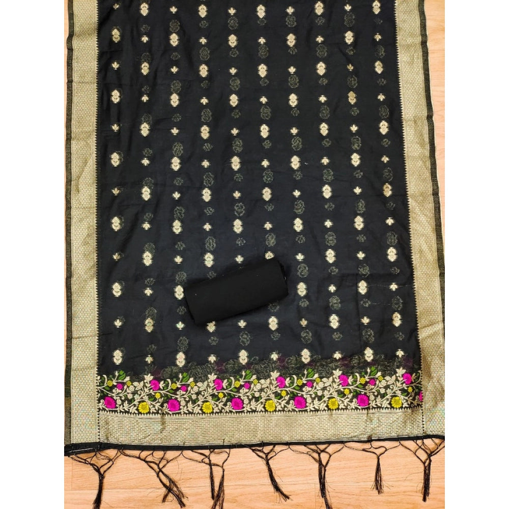 Generic Women's Banarasi Silk Printed Unstitched Salwar Suit Material With Dupatta (Black, 3Mtrs)