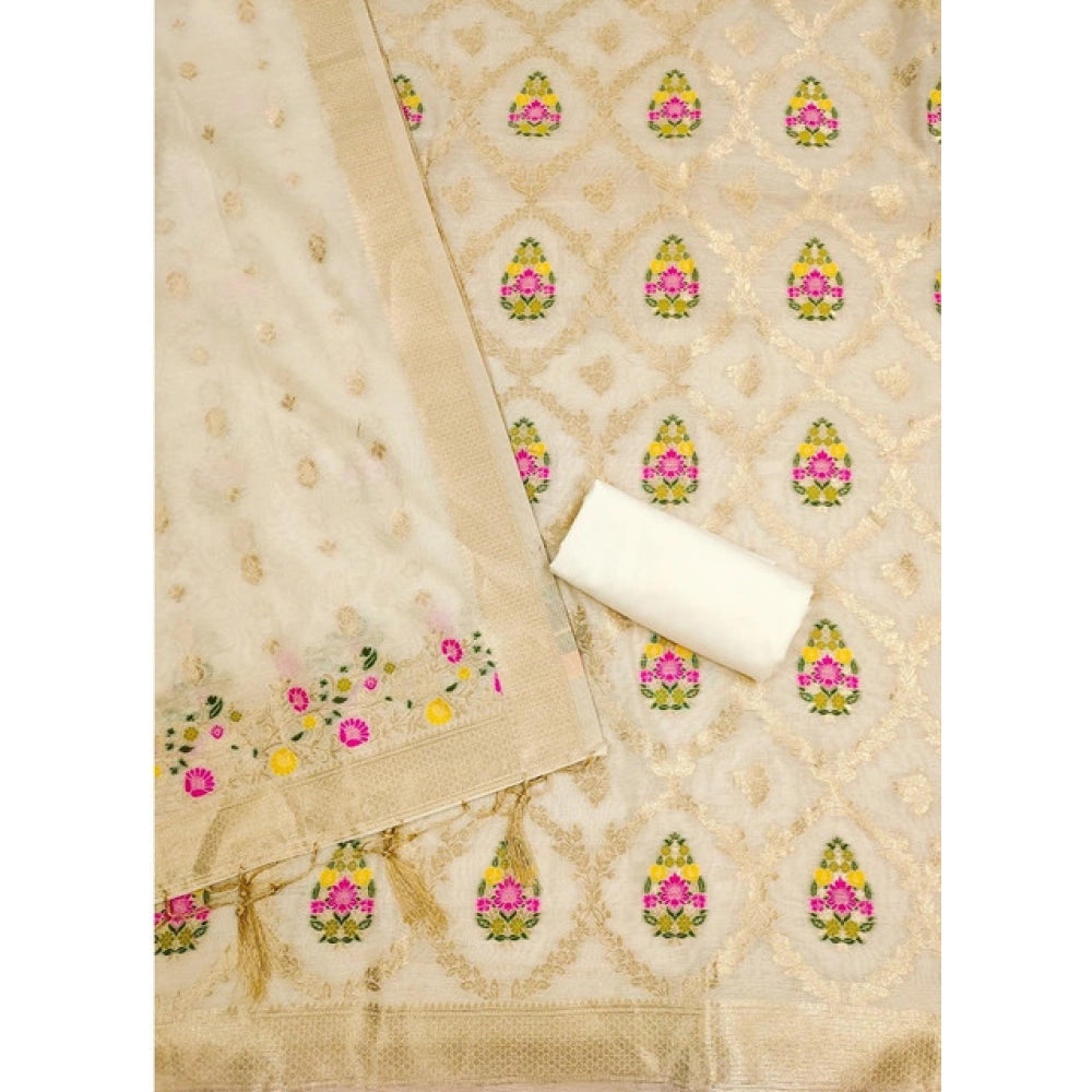 Generic Women's Banarasi Silk Printed Unstitched Salwar Suit Material With Dupatta (White, 3Mtrs)