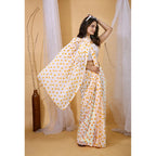 Generic Women's Georgette Printed Saree With Unstitched Blouse 5.5Mtr (White-Yellow)