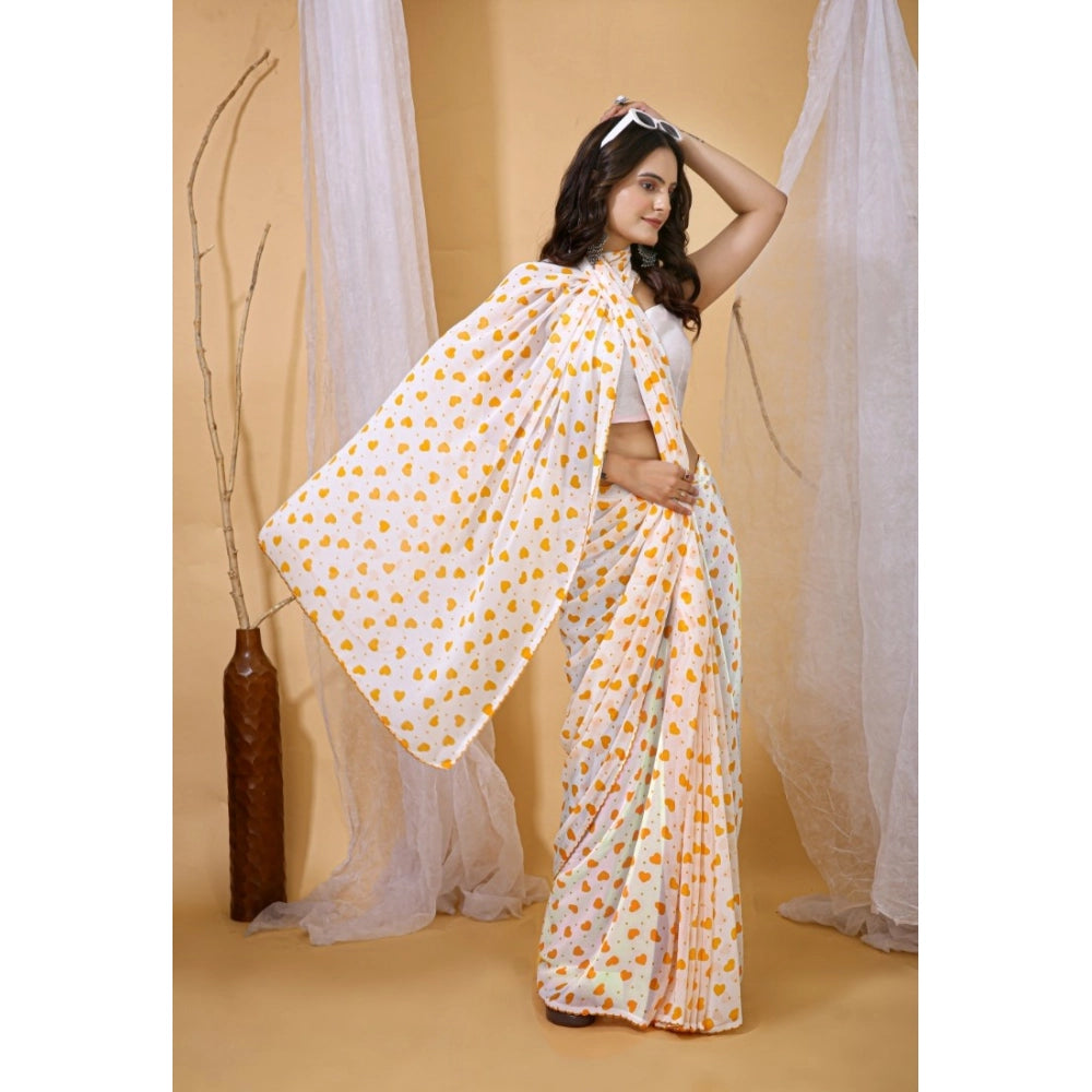 Generic Women's Georgette Printed Saree With Unstitched Blouse 5.5Mtr (White-Yellow)