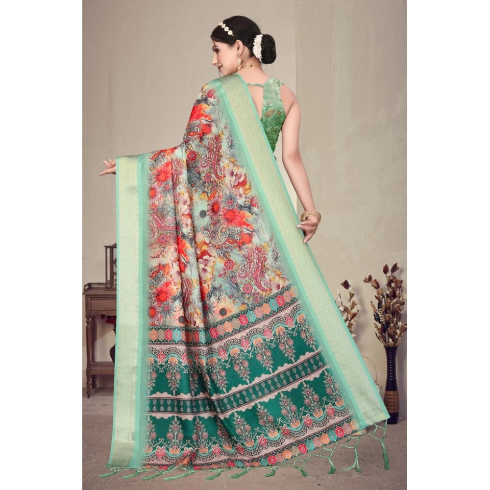 Generic Women's Cotton Silk  Printed Saree With Unstitched Blouse 5.5Mtr (Light Green)