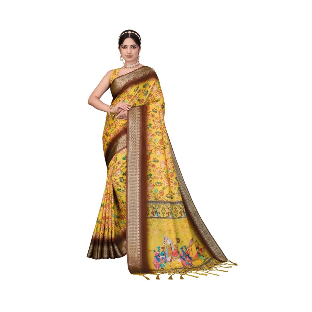 Generic Women's Cotton Silk  Printed Saree With Unstitched Blouse 5.5Mtr (Yellow)
