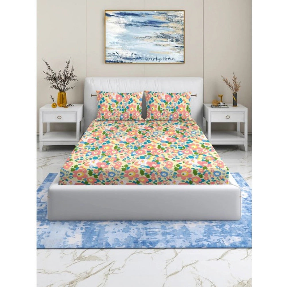 Generic Cotton Blend Floral Printed Double Bedsheet with 2 Pillow Covers (Yellow)