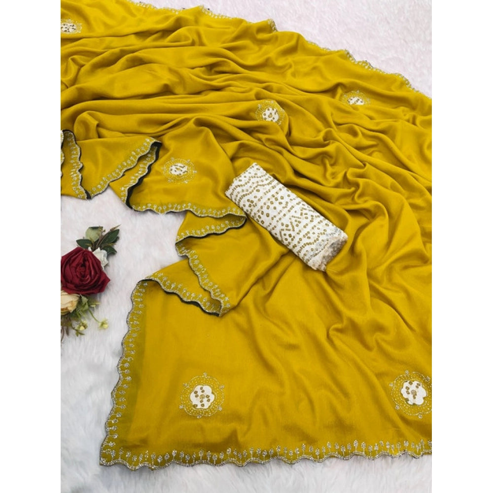 Generic Women's Chiffon Butti Dotted Saree With Unstitched Blouse 5.5Mtr (Yellow)