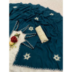 Generic Women's Chiffon Butti Dotted Saree With Unstitched Blouse 5.5Mtr (Blue)