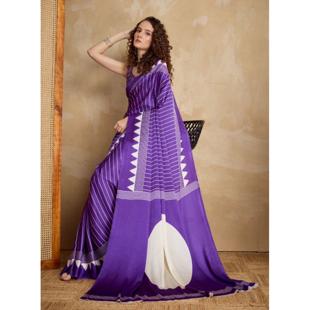 Generic Women's Satin Crepe Printed Saree With Unstitched Blouse 5.5Mtr (Lavender)