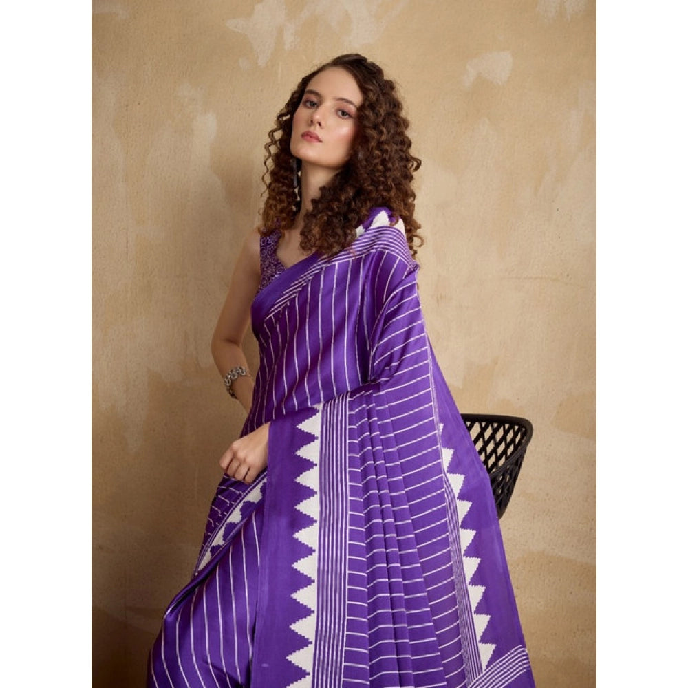 Generic Women's Satin Crepe Printed Saree With Unstitched Blouse 5.5Mtr (Lavender)