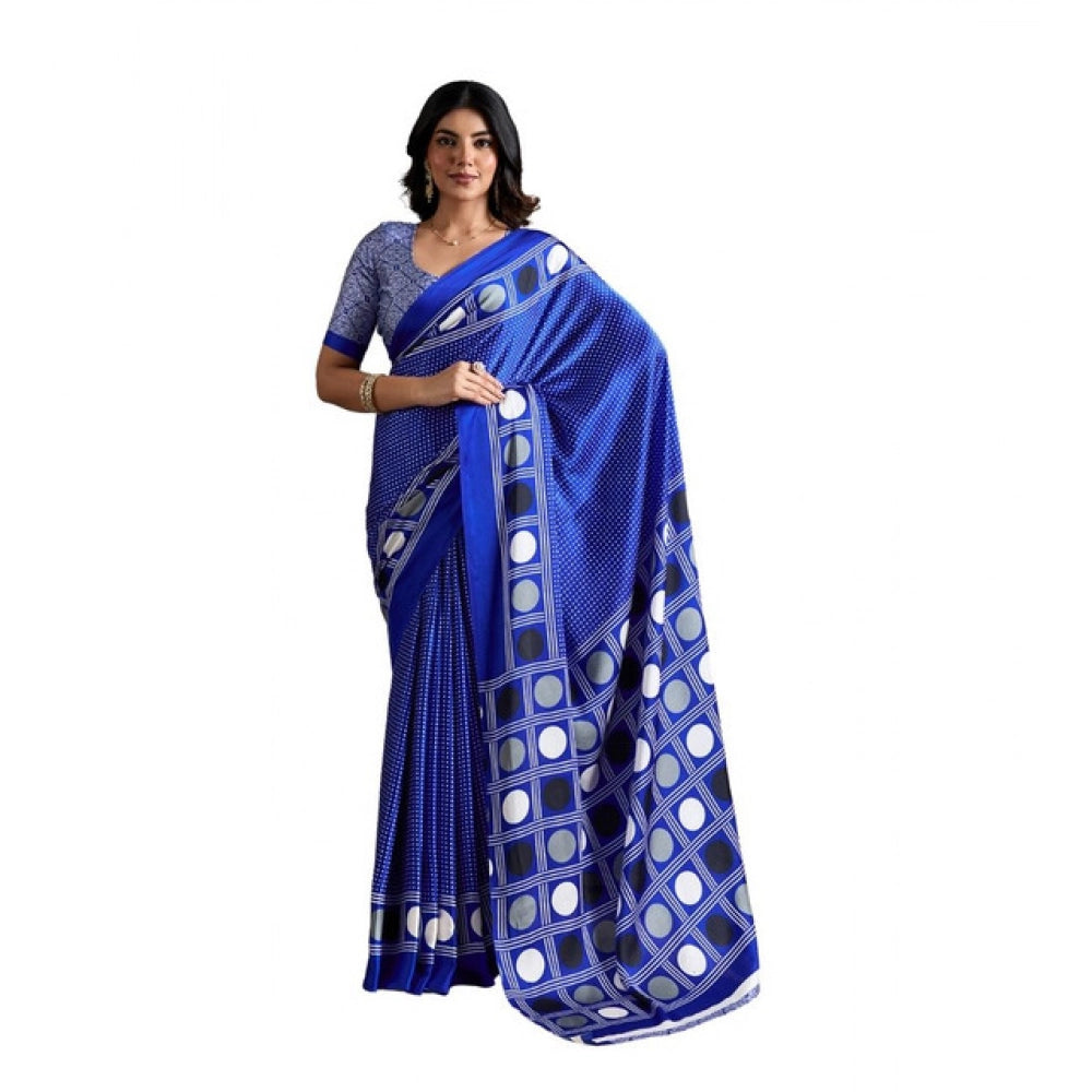 Generic Women's Satin Crepe Printed Saree With Unstitched Blouse 5.5Mtr (Blue)