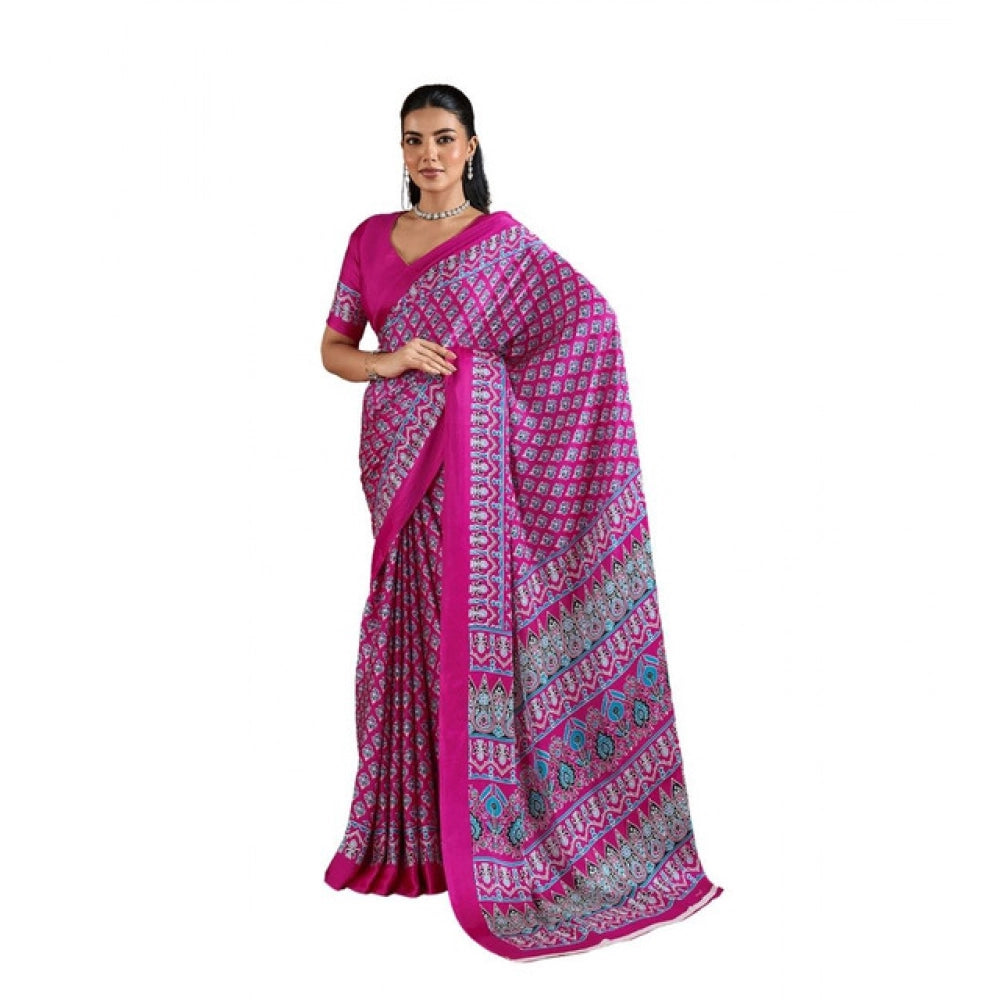 Generic Women's Satin Crepe Printed Saree With Unstitched Blouse 5.5Mtr (Pink)