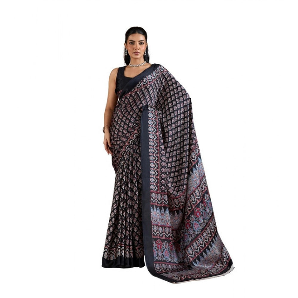 Generic Women's Satin Crepe Printed Saree With Unstitched Blouse 5.5Mtr (Black)