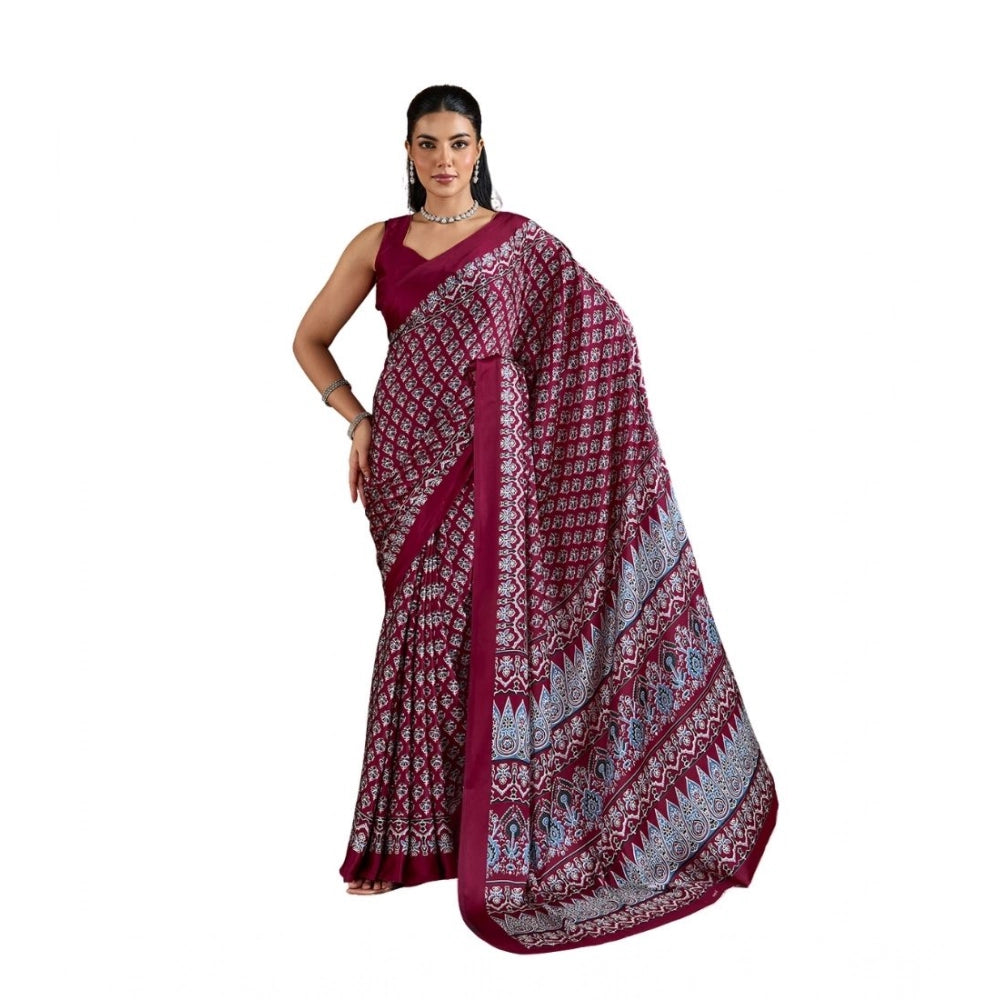 Generic Women's Satin Crepe Printed Saree With Unstitched Blouse 5.5Mtr (Maroon)