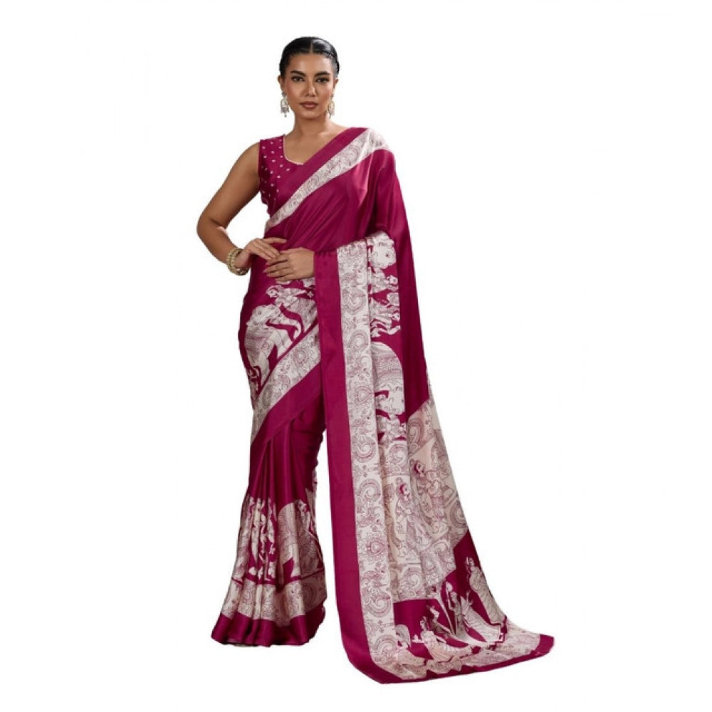 Generic Women's Satin Crepe Printed Saree With Unstitched Blouse 5.5Mtr (Maroon)