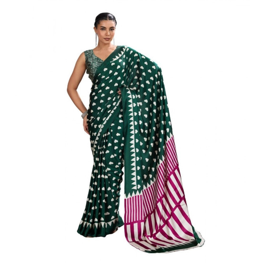 Generic Women's Satin Crepe Printed Saree With Unstitched Blouse 5.5Mtr (Bottle Green)
