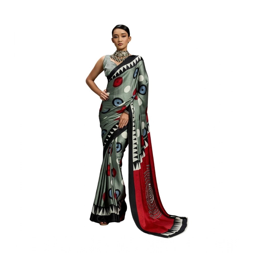 Generic Women's Satin Crepe Printed Saree With Unstitched Blouse 5.5Mtr (Multicolor)