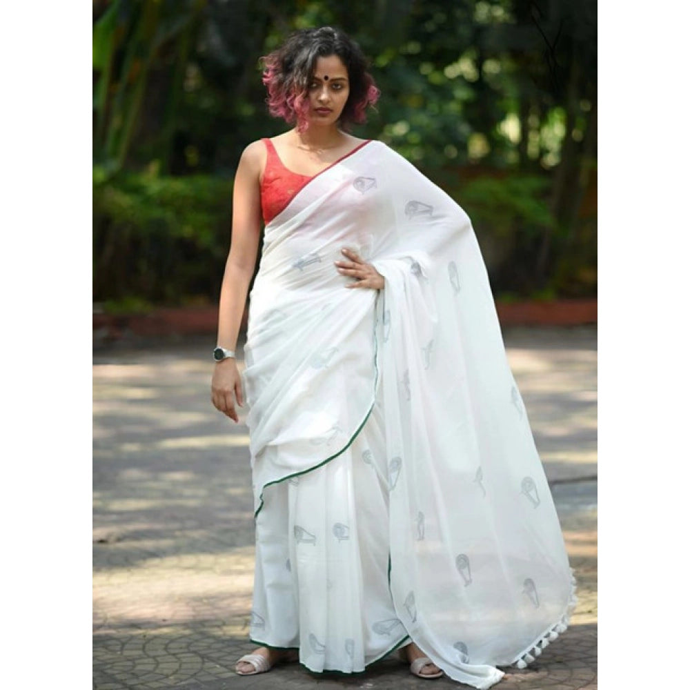 Generic Women's Linen Printed Saree With Unstitched Blouse 5.5Mtr (White)