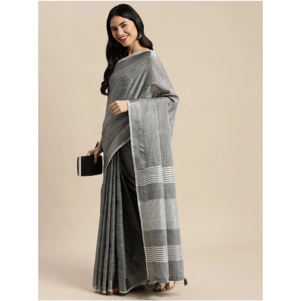 Generic Women's Linen Cotton Printed Saree With Unstitched Blouse 5.5Mtr (Dark Grey)