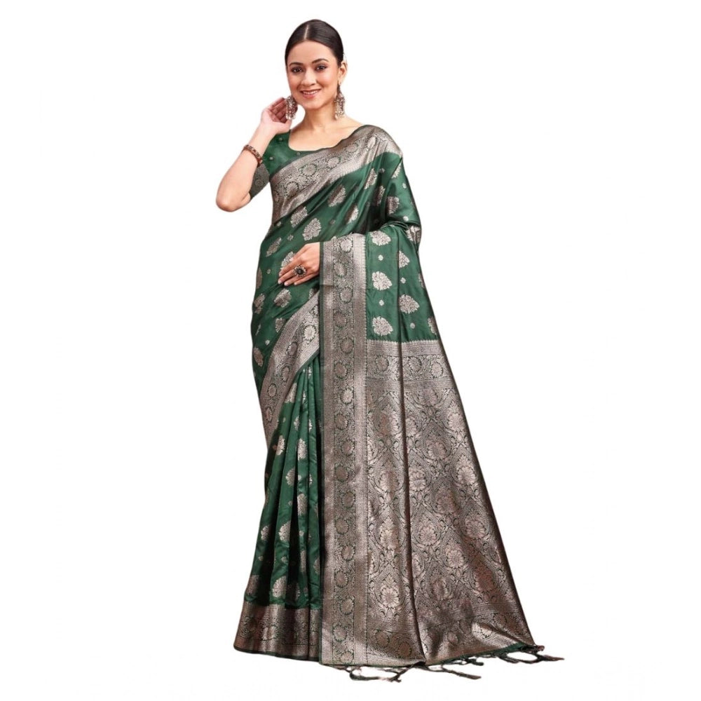 Generic Women's Banarasi Silk Printed Saree With Unstitched Blouse 5.5Mtr (Dark Green)