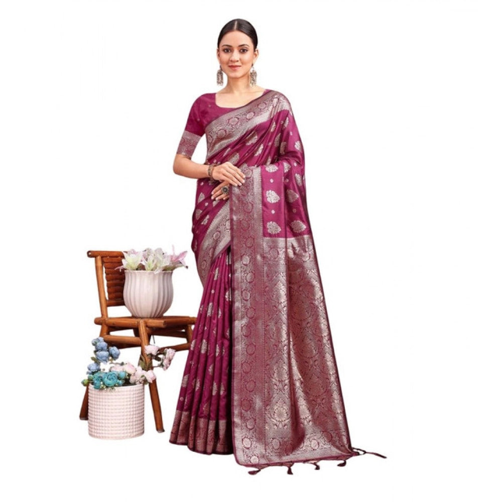 Generic Women's Banarasi Silk Printed Saree With Unstitched Blouse 5.5Mtr (Purple)