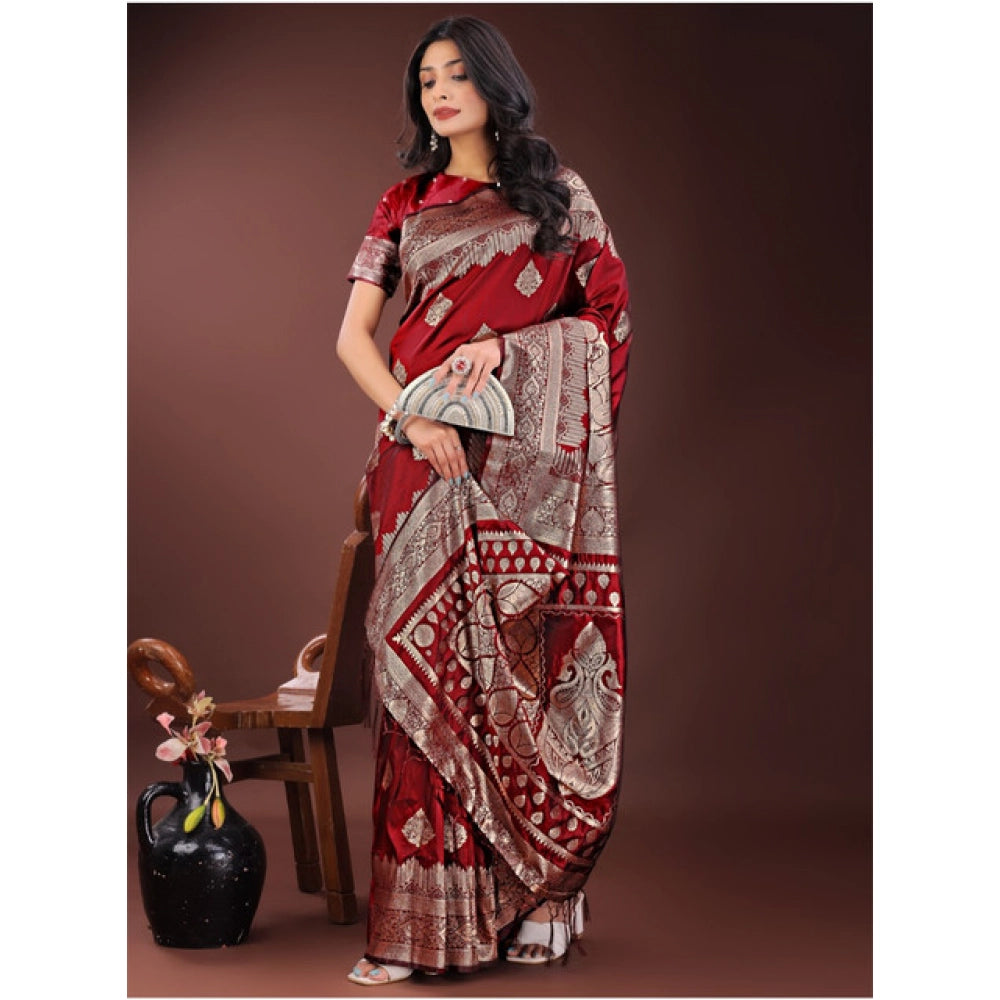 Generic Women's Silk Printed Saree With Unstitched Blouse 5.5Mtr (Maroon)