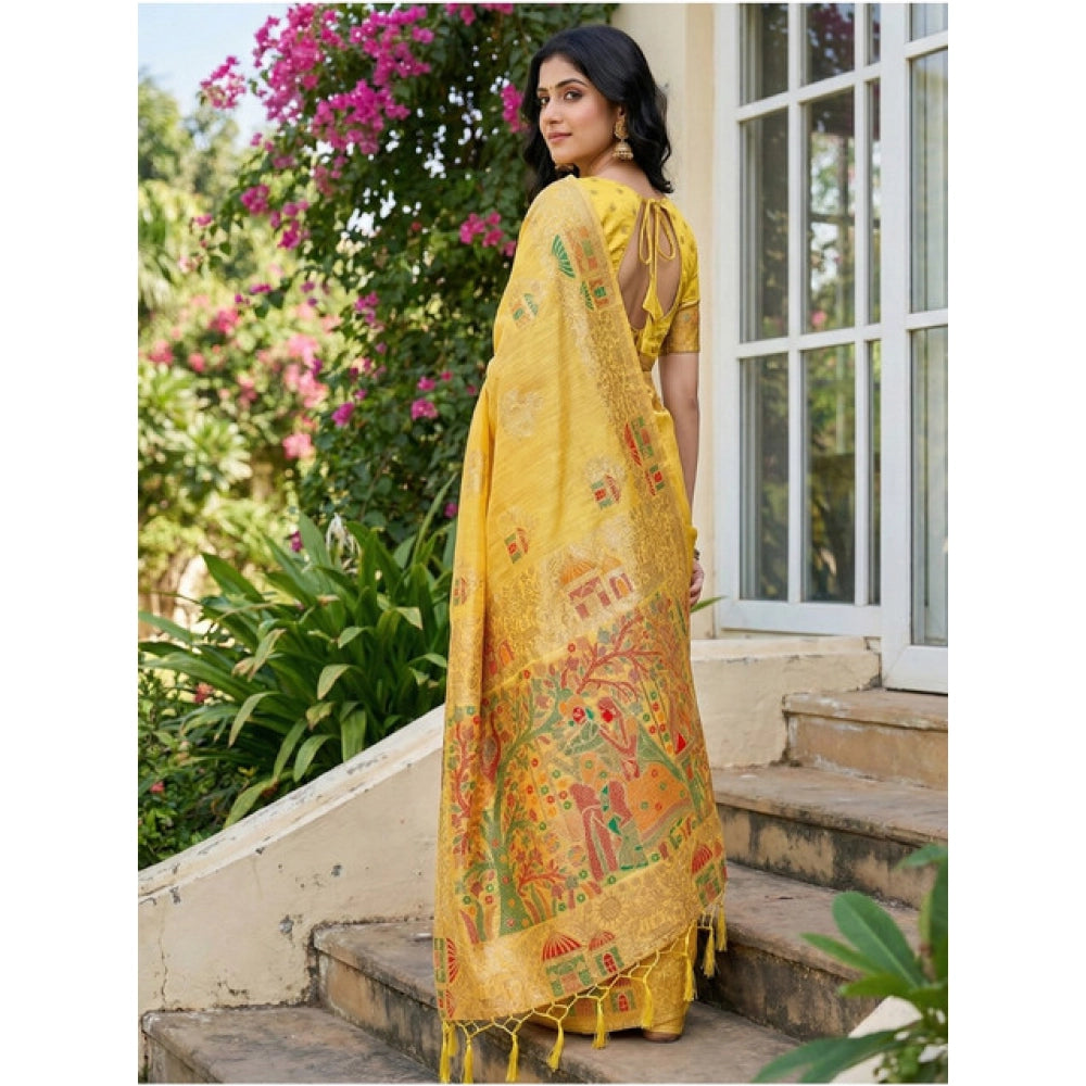 Generic Women's Linen Cotton Printed Saree With Unstitched Blouse 5.5Mtr (Yellow)