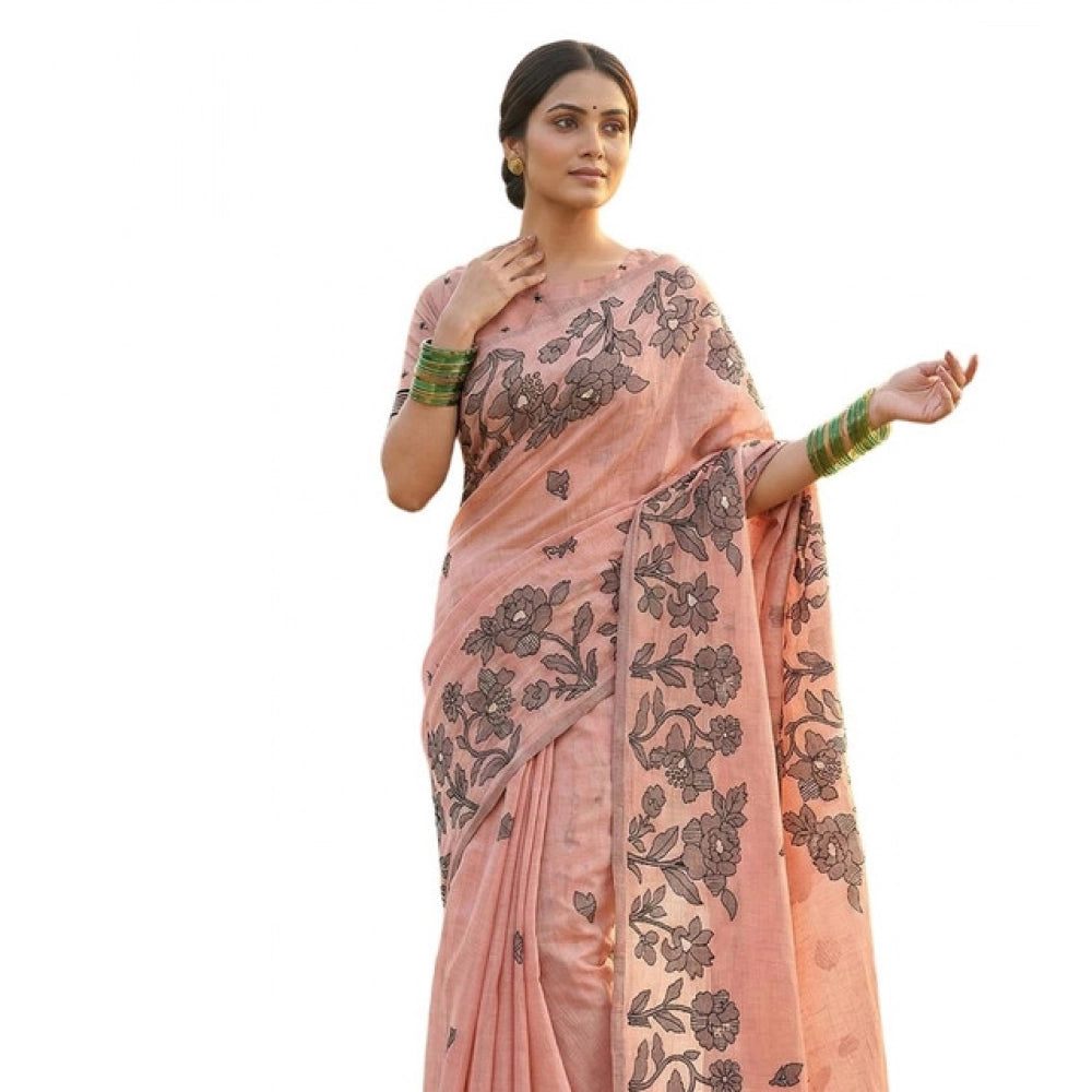 Generic Women's Linen Cotton Printed Saree With Unstitched Blouse 5.5Mtr (Peach)