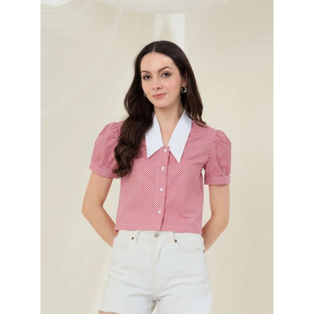 Generic Women's Cotton Checkered Half Sleeve Shirt (Red - White)