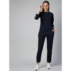 Generic Women's Cotton Solid Long Sleeves Tracksuit (Navy - Green)