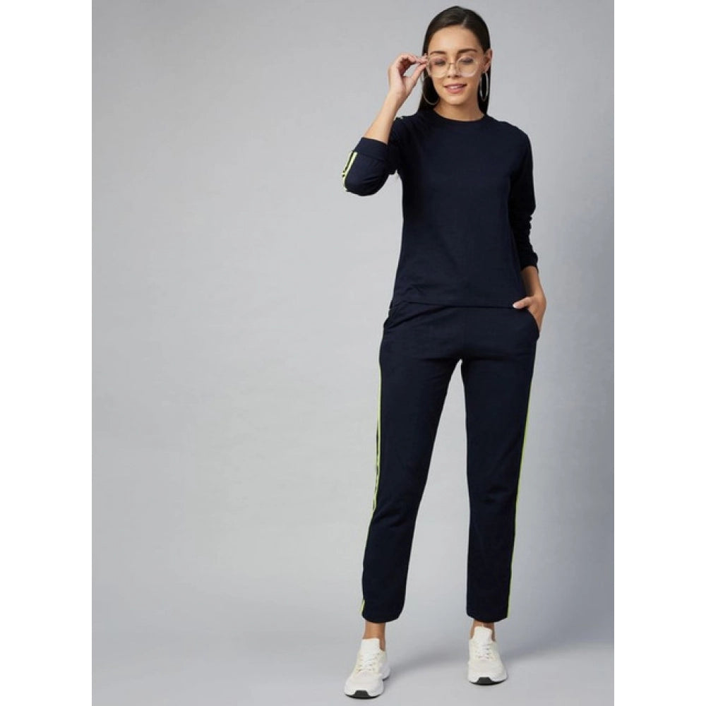 Generic Women's Cotton Solid Long Sleeves Tracksuit (Navy - Green)