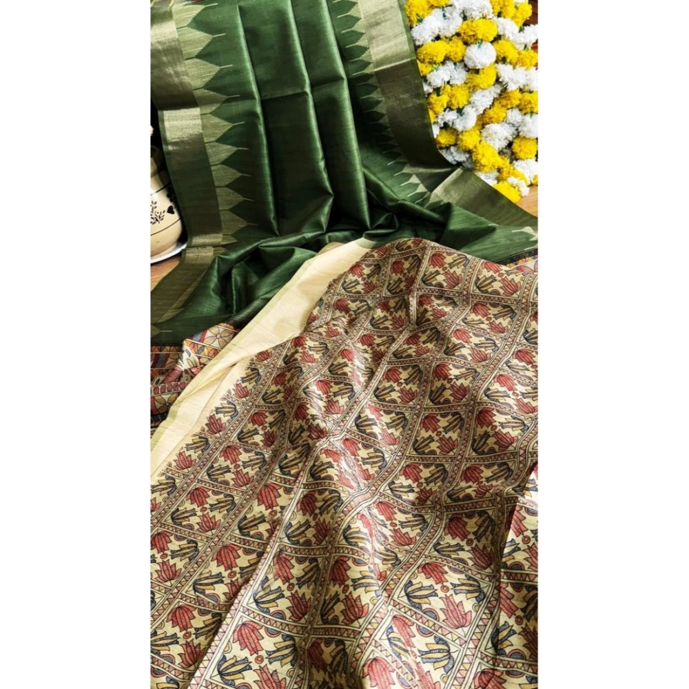 Generic Women's Tussar Silk Madhubani Saree With Unstitched Blouse 5.5Mtr (Green)