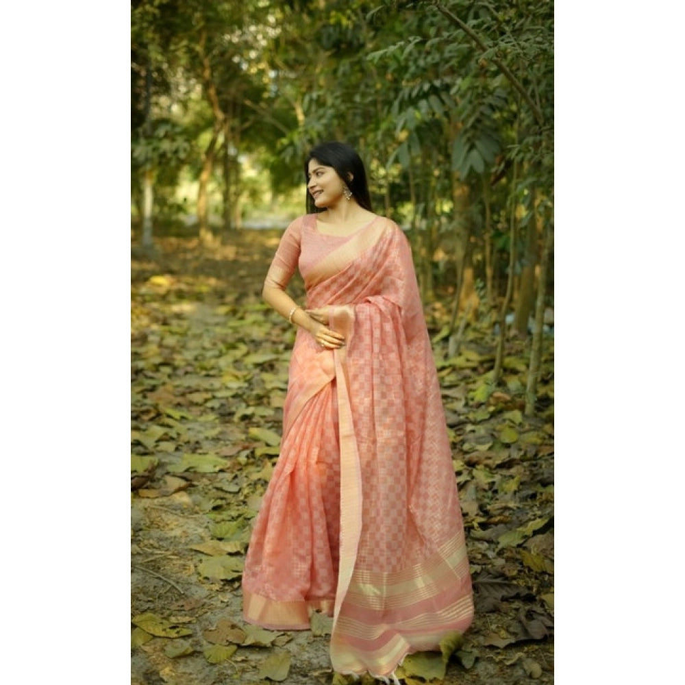 Generic Women's Silk_Blend Checked Saree With Unstitched Blouse 5.5Mtr (Peach)