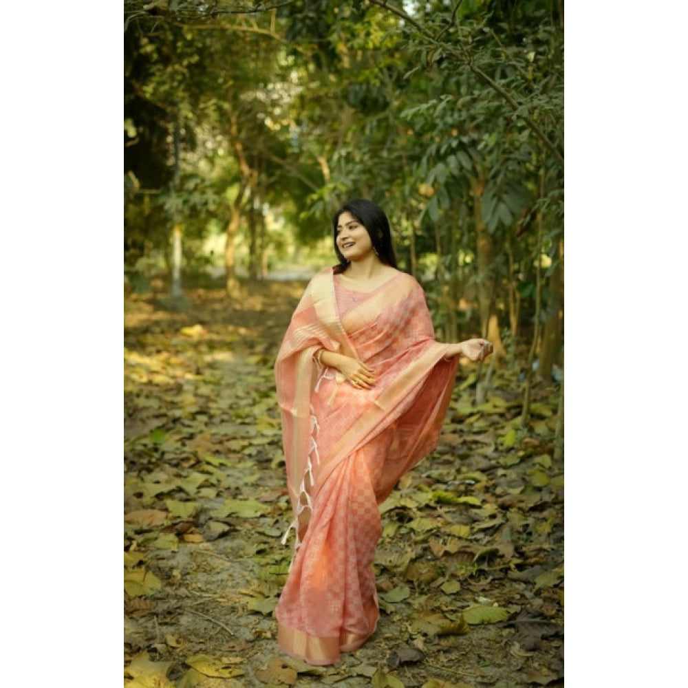 Generic Women's Silk_Blend Checked Saree With Unstitched Blouse 5.5Mtr (Peach)