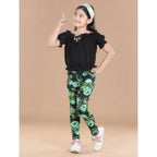 Generic Girl's Cotton Lycra Floral Elasticated Jeggings (Black-Green)