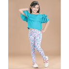 Generic Girl's Cotton Lycra Floral Elasticated Jeggings (White-Turquoise Blue)