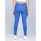 Generic Girl's Cotton Lycra Solid Elasticated Jeggings (Blue)