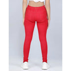 Generic Girl's Cotton Lycra Solid Elasticated Jeggings (Red)