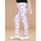 Generic Girl's Cotton Lycra Floral Elasticated Jeggings (White-Lavender)