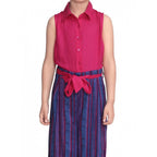 Generic Girl's Rayon Colour Block Sleeveless Jumpsuit (Pink-Blue)