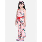 Generic Girl's Polyester Crepe Floral Shoulder Straps Jumpsuit (Peach-Red)