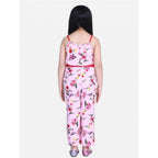 Generic Girl's Polyester Crepe Floral Shoulder Straps Jumpsuit (Pink-Red)