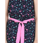 Generic Girl's Rayon Flamingo Print Sleeveless Jumpsuit (Black-Pink)